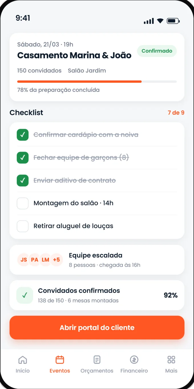 Checklist de montagem de um casamento no aplicativo Festero