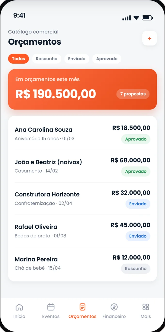Lista de orçamentos com status no aplicativo Festero
